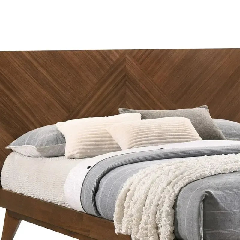 Queen Bed, Chevron Pattern Tall Headboard, Walnut Brown Solid Wood