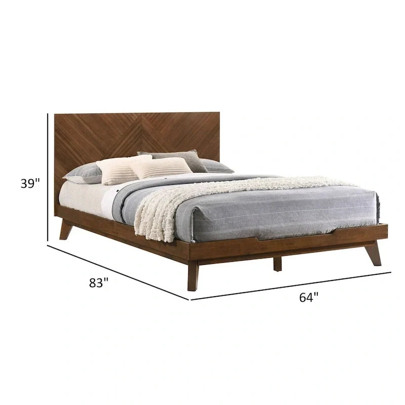 Queen Bed, Chevron Pattern Tall Headboard, Walnut Brown Solid Wood
