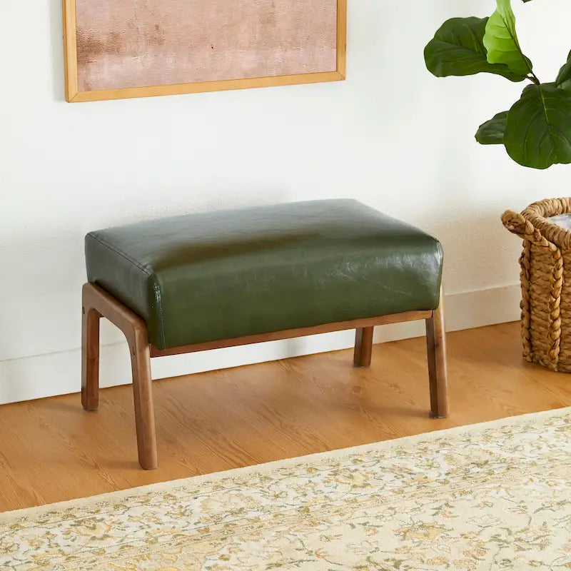 Sgabello decorativo in similpelle con gambe in legno di gomma color noce