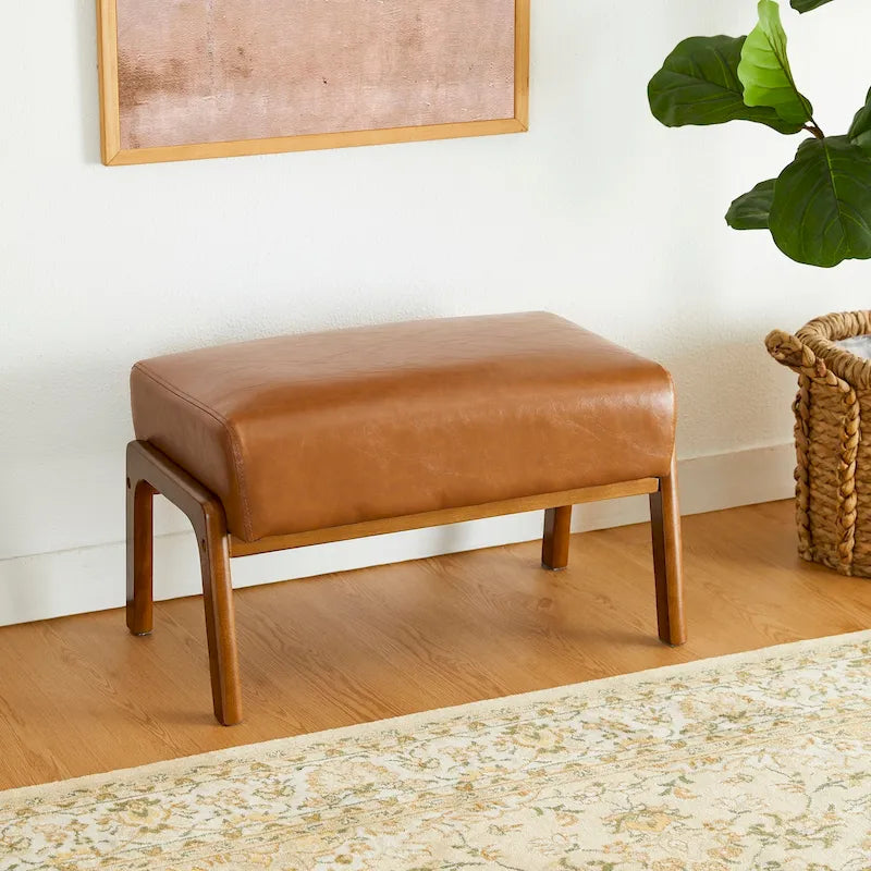 Sgabello decorativo in similpelle con gambe in legno di gomma color noce