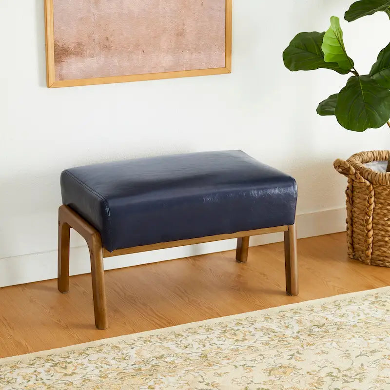 Sgabello decorativo in similpelle con gambe in legno di gomma color noce