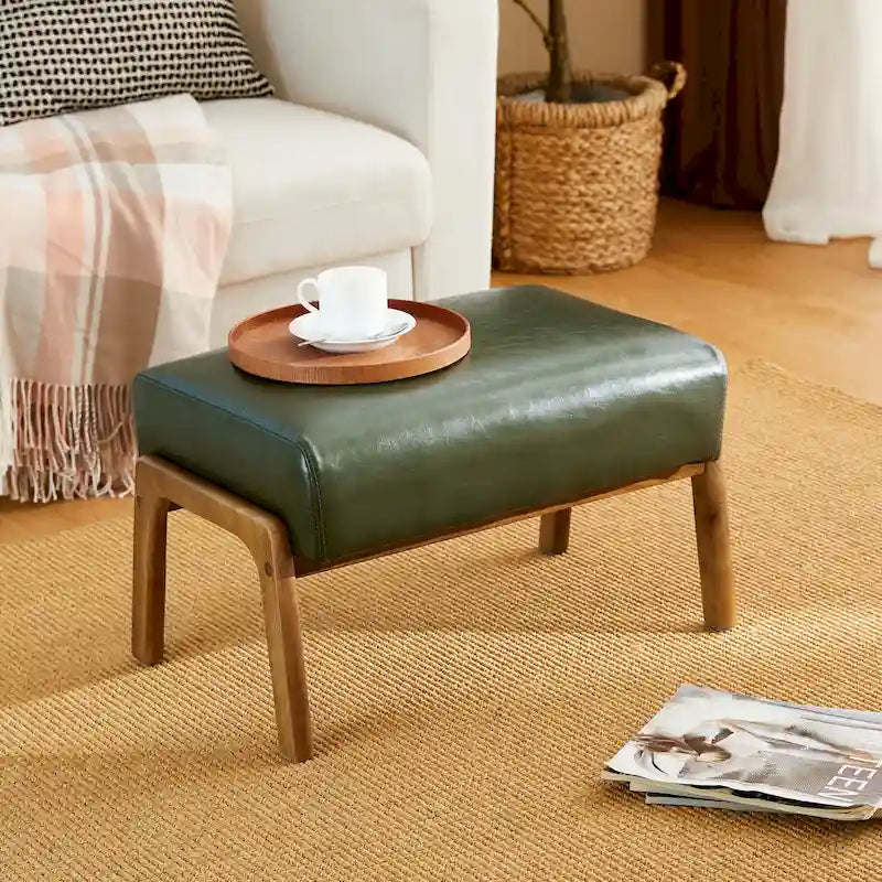Sgabello decorativo in similpelle con gambe in legno di gomma color noce