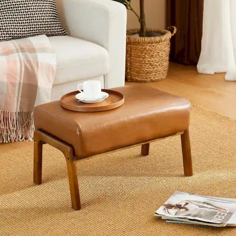 Leatherette Accent Stool With Walnut Rubberwood Legs