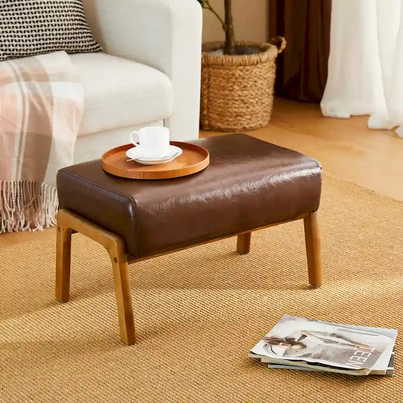 Leatherette Accent Stool With Walnut Rubberwood Legs