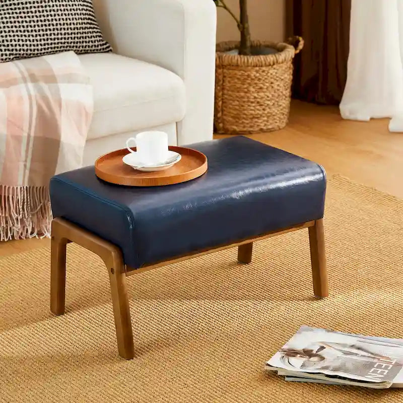 Leatherette Accent Stool With Walnut Rubberwood Legs