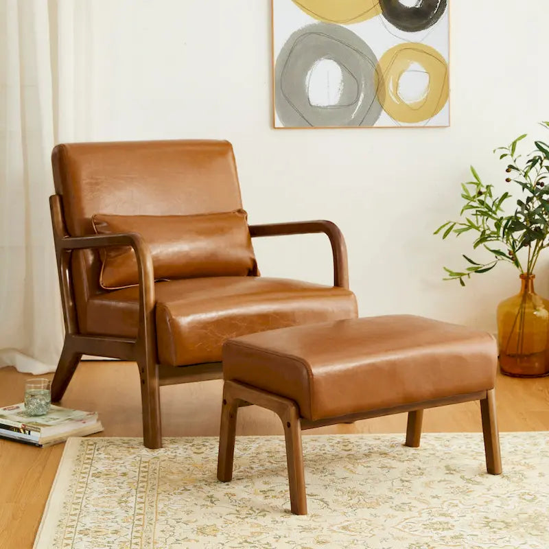 Leatherette Accent Stool With Walnut Rubberwood Legs