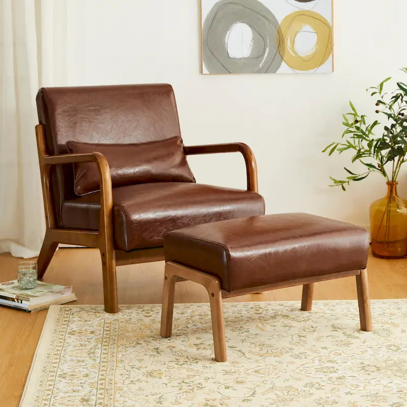 Leatherette Accent Stool With Walnut Rubberwood Legs