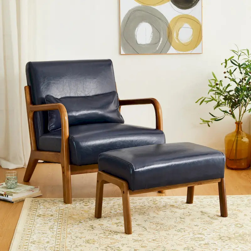 Leatherette Accent Stool With Walnut Rubberwood Legs