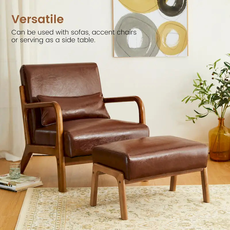 Leatherette Accent Stool With Walnut Rubberwood Legs