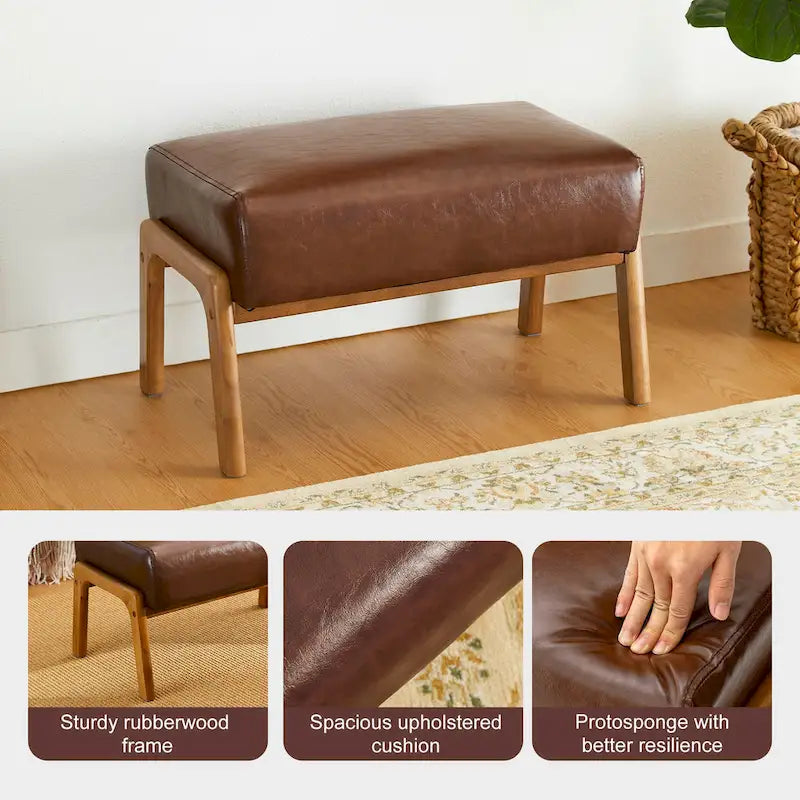 Leatherette Accent Stool With Walnut Rubberwood Legs