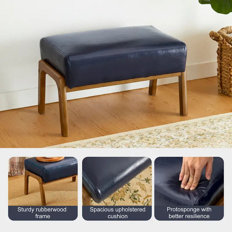 Leatherette Accent Stool With Walnut Rubberwood Legs