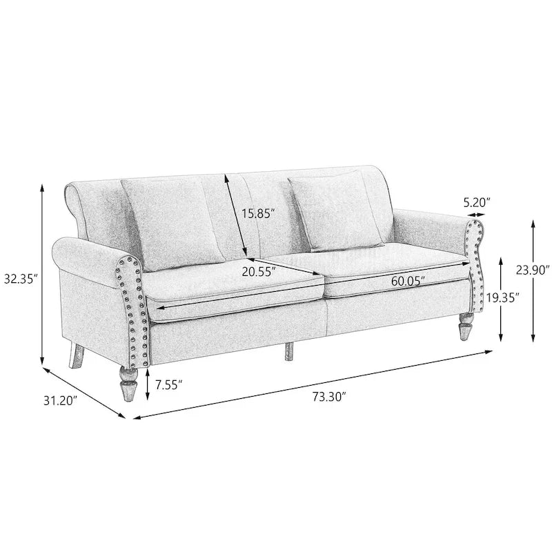 Sofa with Nailhead Trim Rolled Arms