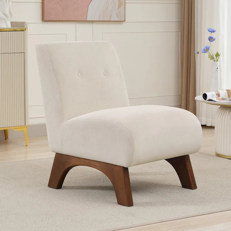 Poltrona decorativa in velluto a coste senza braccioli, con gambe in legno massello e seduta imbottita