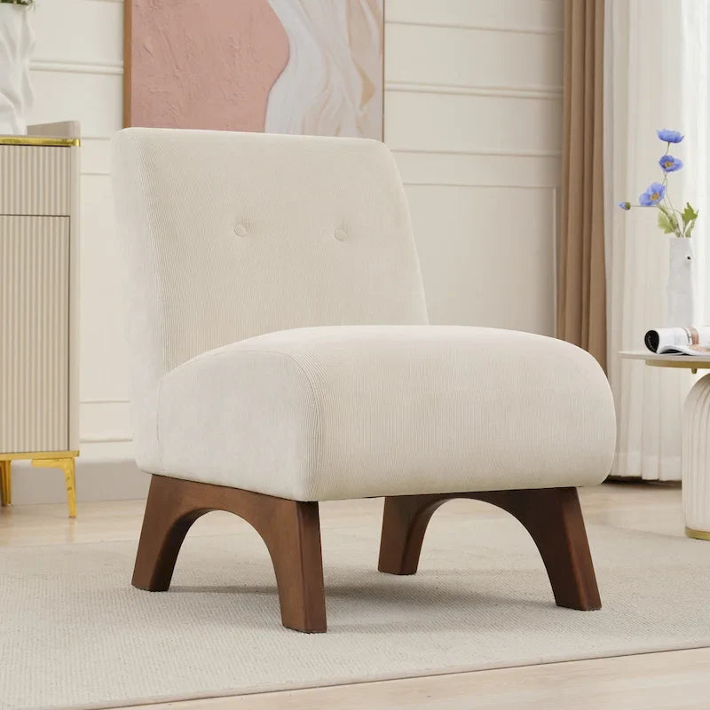 Poltrona decorativa in velluto a coste senza braccioli, con gambe in legno massello e seduta imbottita
