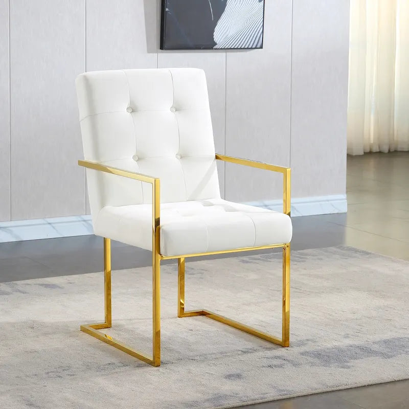 Poltrona da pranzo moderna in velluto, con design trapuntato e base in acciaio inossidabile dorato
