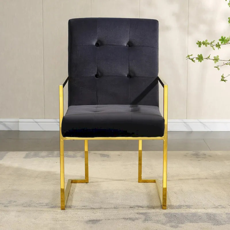 Modern Velvet Dining Arm Chair, Tufted Design and Gold Finish Stainless Base