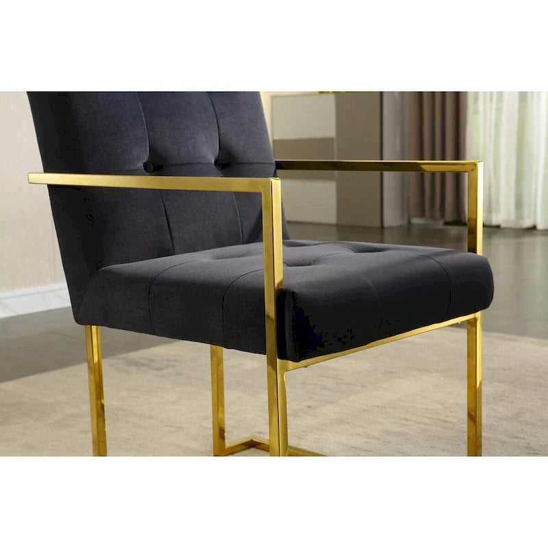 Modern Velvet Dining Arm Chair, Tufted Design and Gold Finish Stainless Base