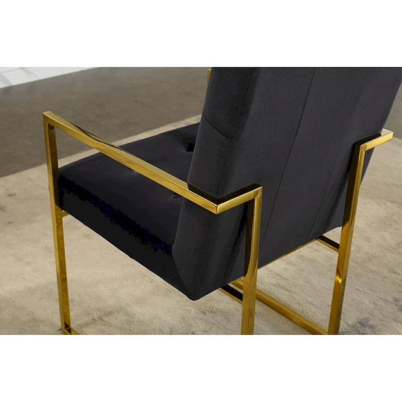 Modern Velvet Dining Arm Chair, Tufted Design and Gold Finish Stainless Base