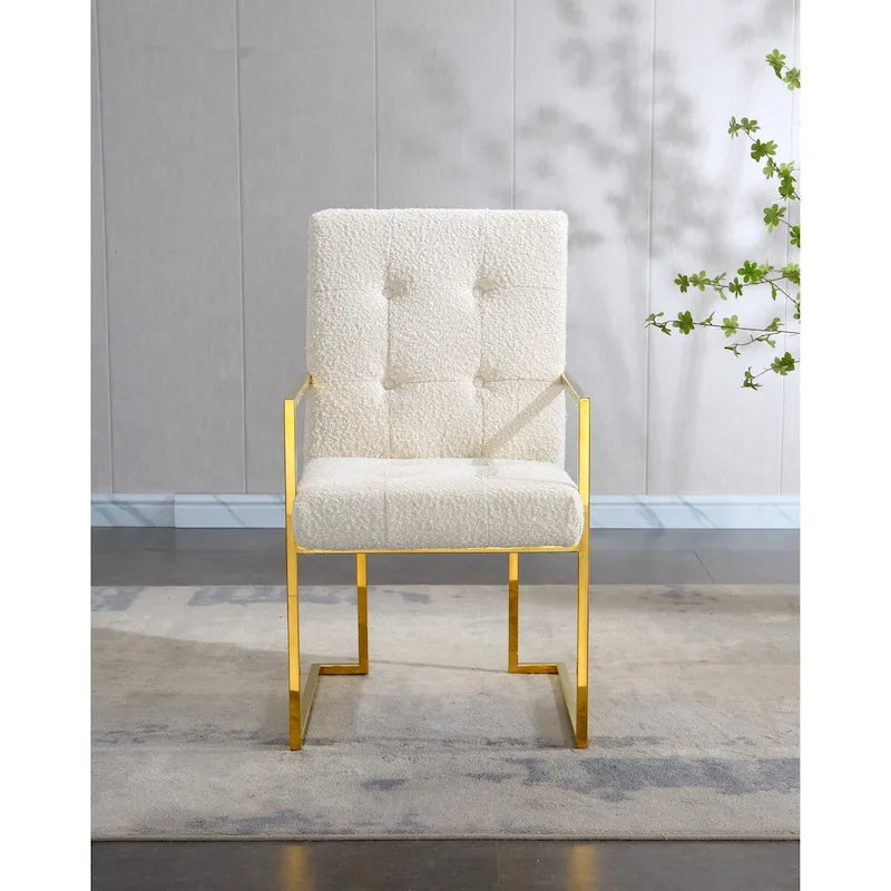 Modern Velvet Dining Arm Chair, Tufted Design and Gold Finish Stainless Base