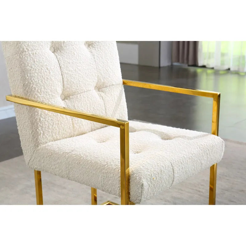 Modern Velvet Dining Arm Chair, Tufted Design and Gold Finish Stainless Base