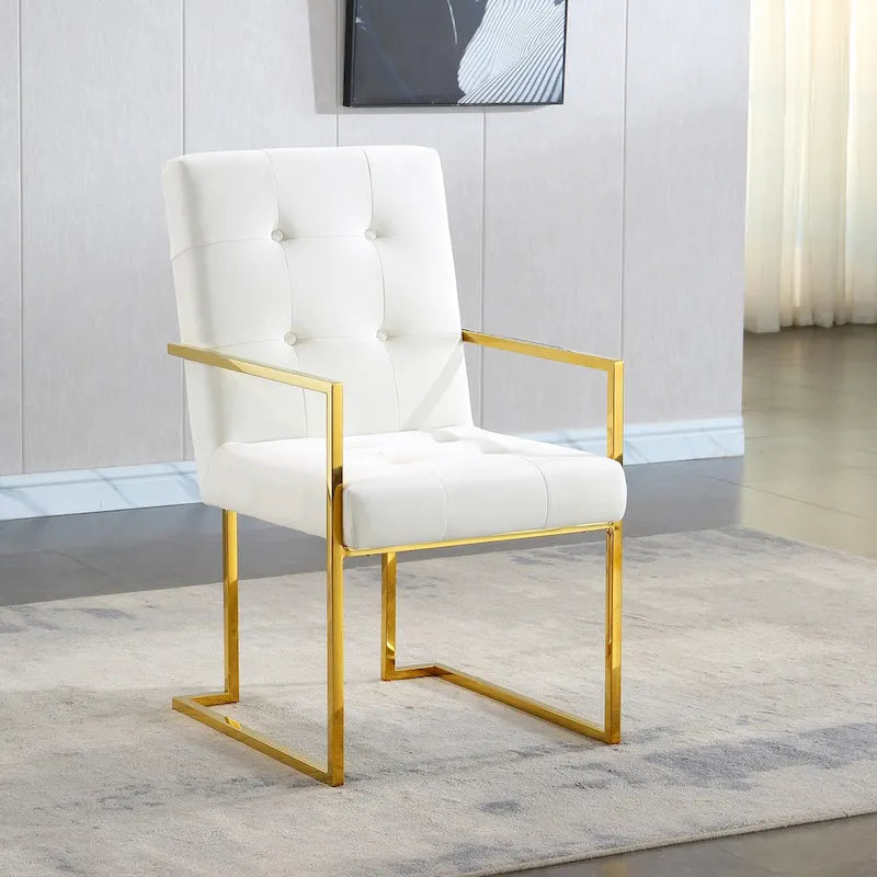 Modern Velvet Dining Arm Chair, Tufted Design and Gold Finish Stainless Base