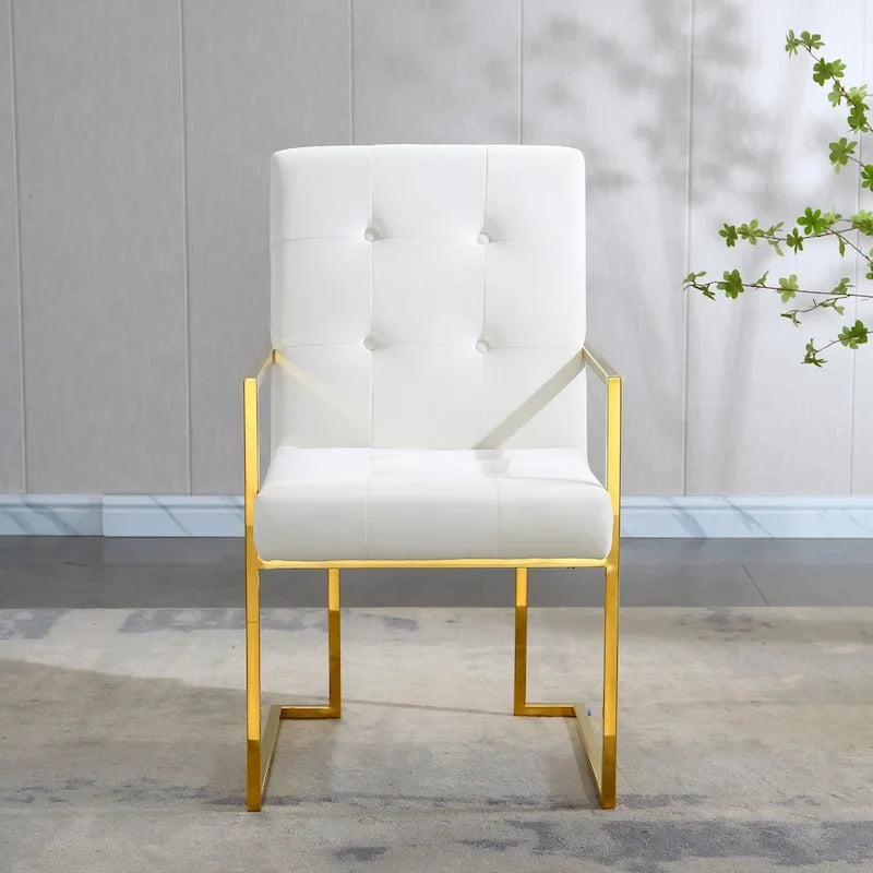 Modern Velvet Dining Arm Chair, Tufted Design and Gold Finish Stainless Base