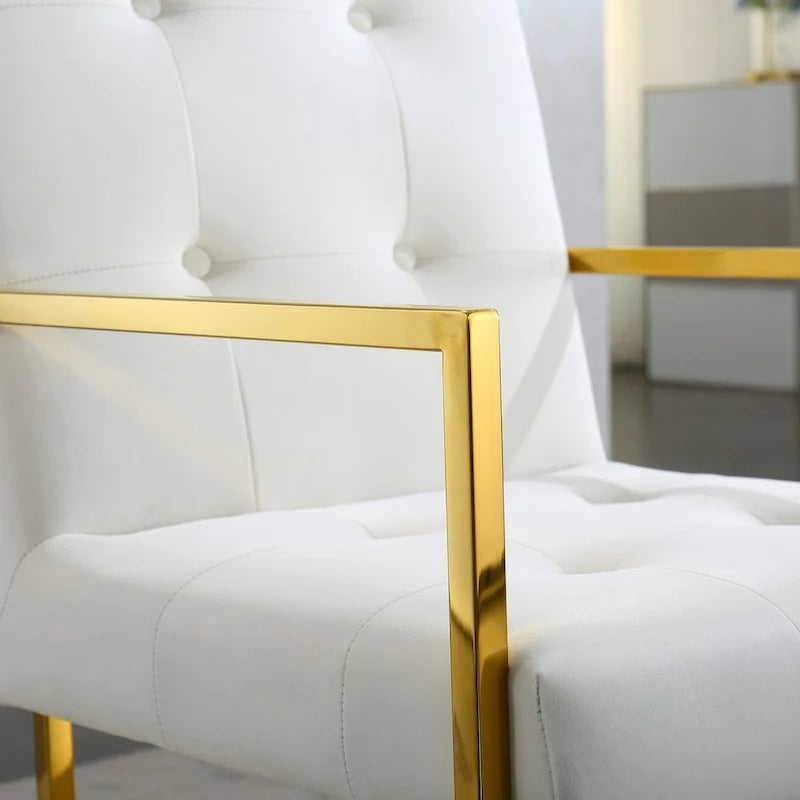 Modern Velvet Dining Arm Chair, Tufted Design and Gold Finish Stainless Base