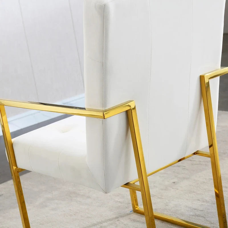 Modern Velvet Dining Arm Chair, Tufted Design and Gold Finish Stainless Base
