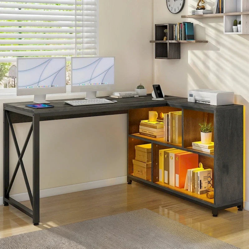 Reversible L Shaped Desk with Storage Shelves Corner Computer Gaming Desk