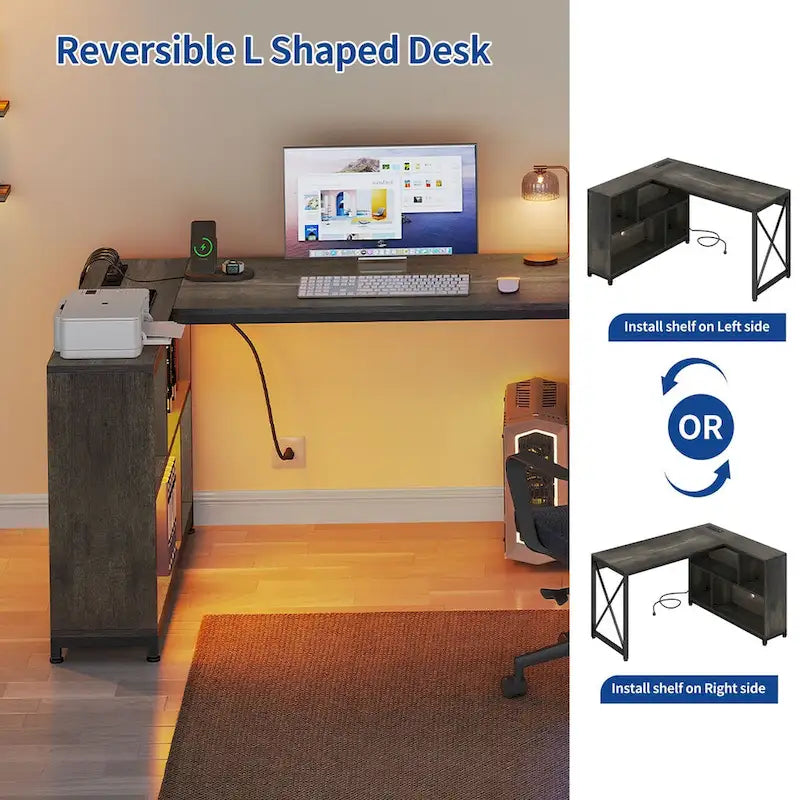 Reversible L Shaped Desk with Storage Shelves Corner Computer Gaming Desk