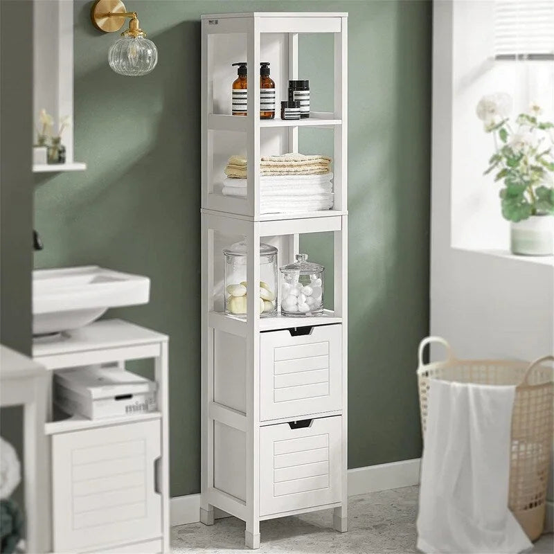 White Tall Bathroom Storage Cabinet with Shelves and Drawers