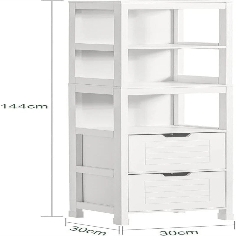 White Tall Bathroom Storage Cabinet with Shelves and Drawers