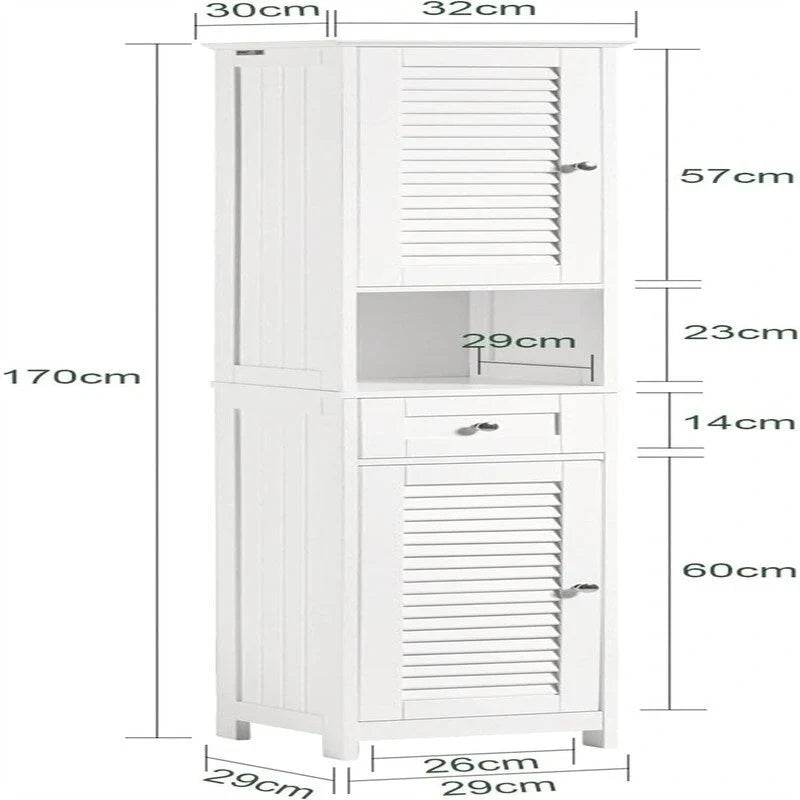 White Tall Bathroom Storage Cabinet with Shelves and Drawers