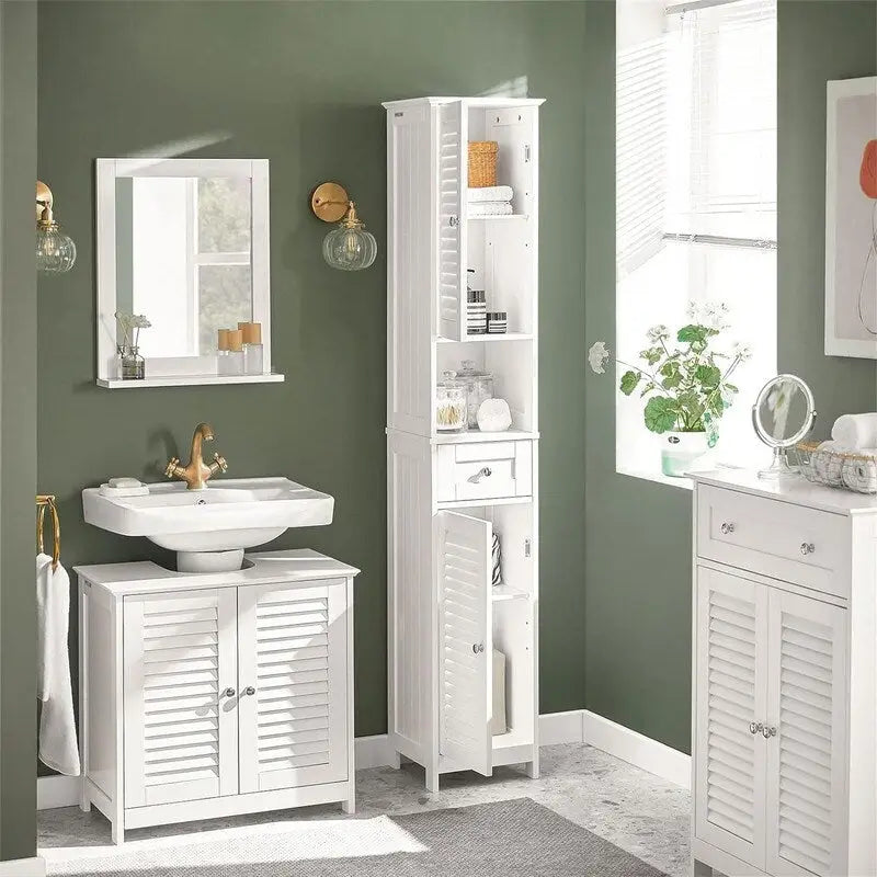 White Tall Bathroom Storage Cabinet with Shelves and Drawers