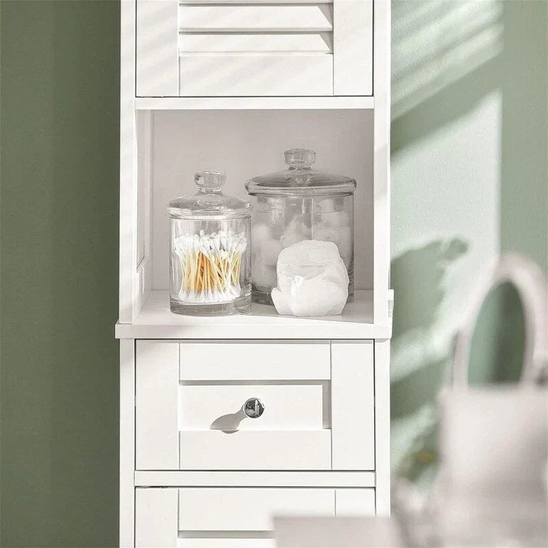White Tall Bathroom Storage Cabinet with Shelves and Drawers
