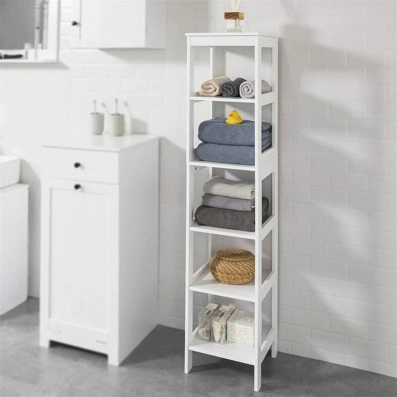 White Tall Bathroom Storage Cabinet with Shelves and Drawers