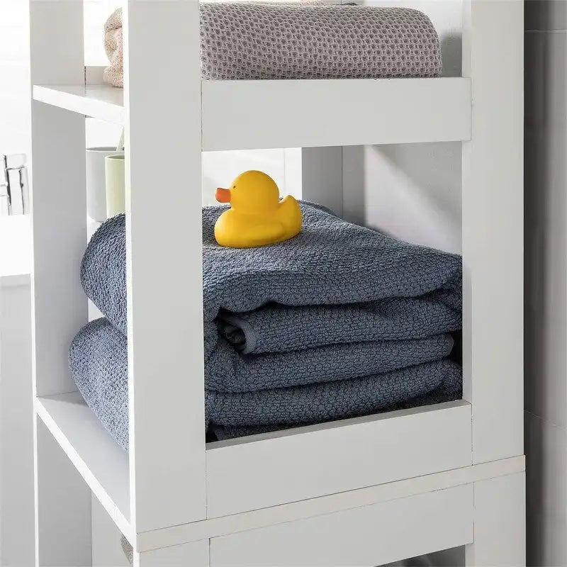 White Tall Bathroom Storage Cabinet with Shelves and Drawers
