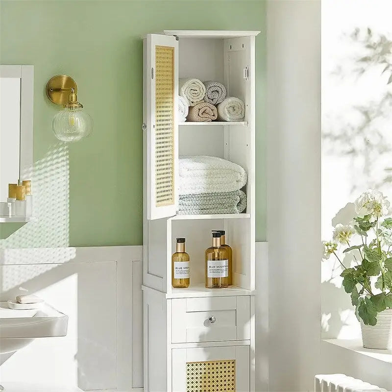 White Tall Bathroom Storage Cabinet with Shelves and Drawers