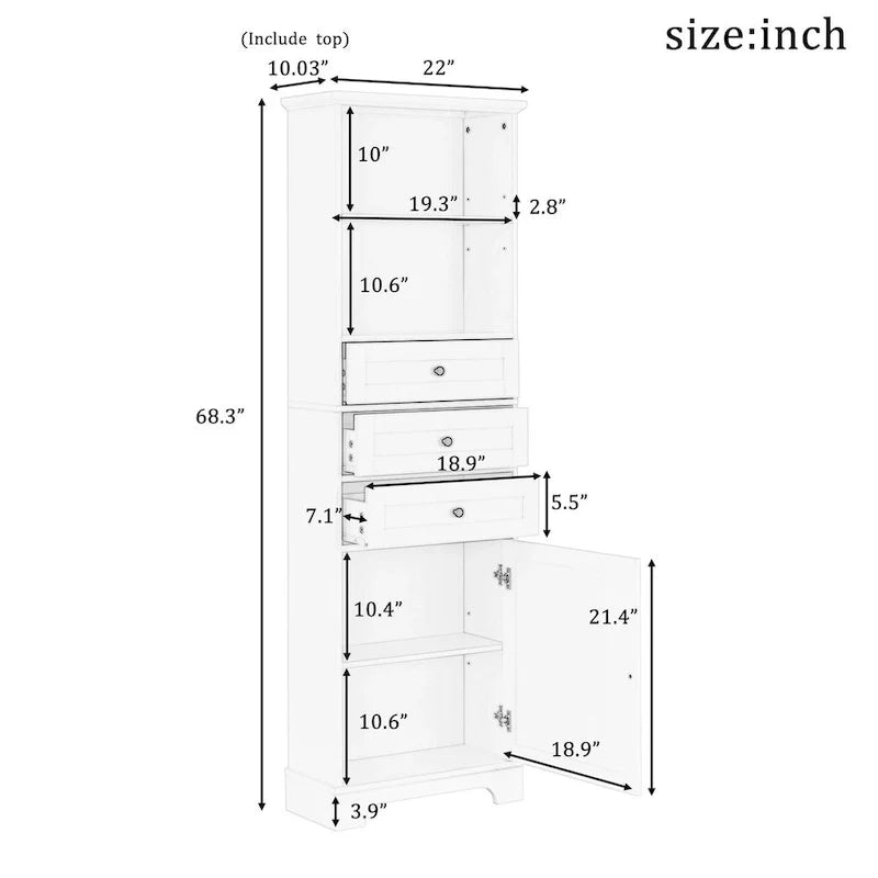 Freestanding Bathroom Cabinet with 3 Drawers and Adjustable Shelves