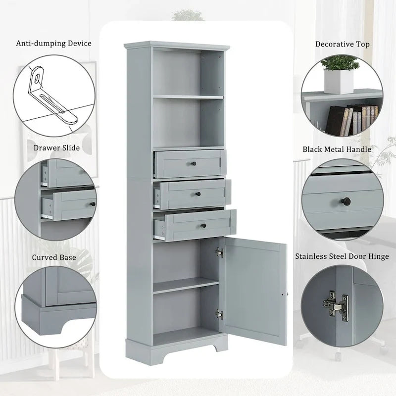 Freestanding Bathroom Cabinet with 3 Drawers and Adjustable Shelves